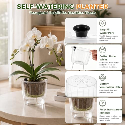 Clear Self Watering Pots for Indoor Plants, 3-Pack 6.7 Inch Top-Fill Self Watering Planter, Clear Orchid Pots with Drainage, Wick Inner Basket, Semi Hydroponic Pot, Transparent