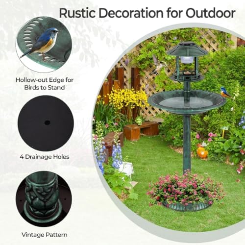 LDAILY Outdoor Bird Bath, 42’’ Solar Lighted Pedestal Birdbaths with Birds Feeder ,20’’ Water Bowl, Flower Planters and 3 Stakes, Attract Birds Antique Bird Bath for Outside Garden, Yard (Green, 42‘’)
