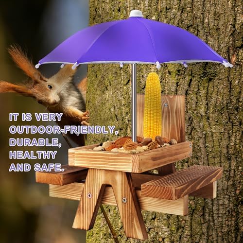Gnodary Squirrel Feeder with Umbrella, Squirrel Feeders for Outside, Squirrel Picnic Table Feeder - Chipmunk Feeder Hold Corn, Corn Cob, Peanuts (Dark Purple)