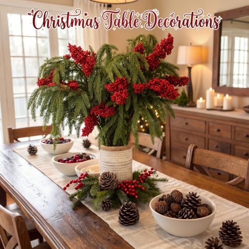 Wavwavw 12 Pcs Artificial Christmas Red Berries Norfolk Picks, 24.8" Stems