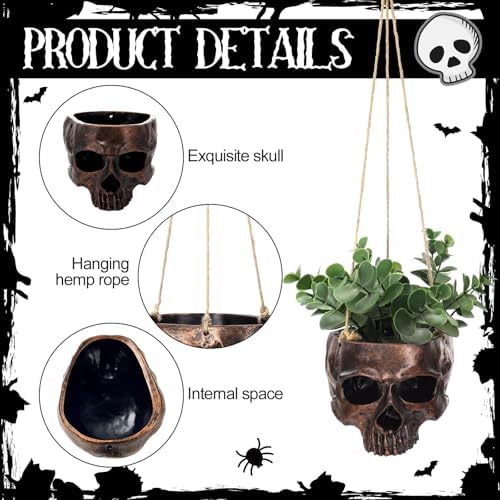 2 Pack Bronze Halloween Hanging Skull Planter with Rope