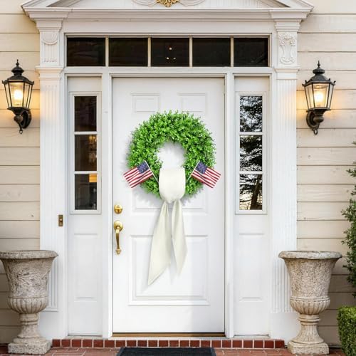 24" Boxwood Wreaths for Front Door – Large Boxwood Wreath with Sash