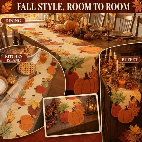 13x72In Fall Thanksgiving Embroidered Table Runner with Pumpkin Maple Leaf