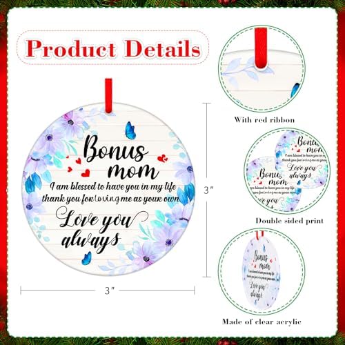 WaaHome Bonus Mom Christmas Ornaments Gifts from Daughter Son, Flower Bonus Mom Ornaments for Christmas Tree Decorations Gifts for Mother in Law Stepmom