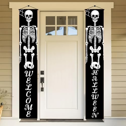 BlissYard Halloween Skeleton Welcome Door Banner 12x71 Inch Scary Sign Outdoor Porch Decoration Haunted House Party Wall Hanging Door Banner