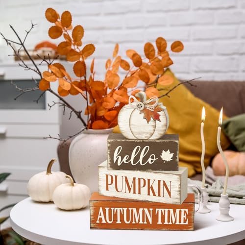 Yousoontic 4 Pcs Fall Pumpkin Maple Leaf Figurines, Rustic Farmhouse Decor