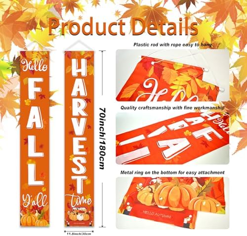 Fall Harvest Banner Porch Sign Autumn Pumpkin Porch Hanging Banners for Fall Thanksgiving Indoor Outdoor Home Office Farmhouse Decorations, 12 x 71 inch