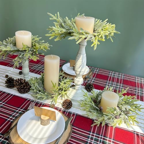 Winlyn 4 Pcs Artificial Frosted Twig Candle Rings Christmas Candle Holder Rings Wreaths Faux Twigs Wreath Glitter Mini Pinecones 10" Wide for Holiday Winter Seasonal Décor