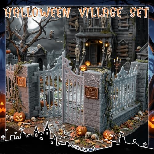 Warmtree 12 Pcs Halloween Village Fence Accessories with Gates and Pillars