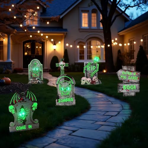 6 Pack Halloween Decorations, Glow in the Dark Tombstones Outdoor Decor