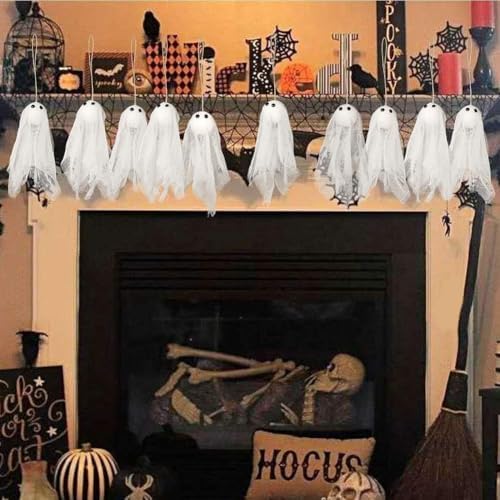 Decor365 Small Hanging Ghosts with White Creep Cloth and Black Eyes Summerween Party Decorations Classroom Living Room Outdoor Halloween Decorations Spooky Scary Ghost To Hang from Trees (Pack Of 12)