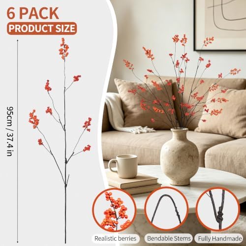 DuHouse 6Pcs 37.4" Faux Fall Berry Stems, Orange Red Thanksgiving Decor