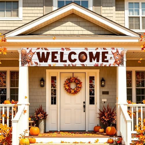 Welcome Fall Banner Happy Fall Yard Banner Squirrel Pinecones Outdoor Decor