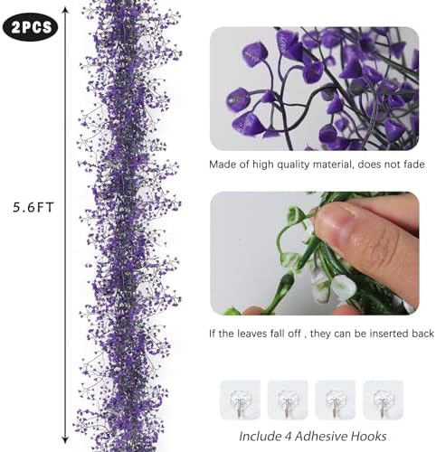 RECUTMS 2Pcs Artificial Wisteria Garlands 5.6Ft Plastic Hanging Vines Purple