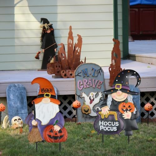 hogardeck Halloween Decorations Outdoor, Metal Gnomes Decorative Garden Stakes with Pumpkins Halloween Decorations Outside, Hocus Poucs Yard Signs for Garden Lawn Patio Halloween Decor