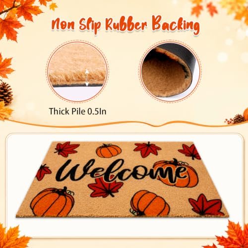 Fall Maple Leaf Welcome Door Mat-Maple Pumpkin Fall Outdoor Coir Doormat