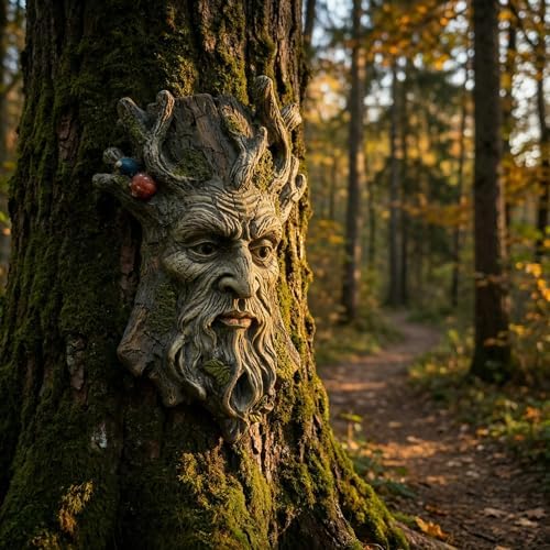 Tree Face Garden Statues Outdoor Decoration Clearance, Whimsical Old Man Tree Faces for Fence Hugger Sculpture, Wallmount Statue Fairy Art with Mushroom, Patio Home Hanging Decor, 6.9" x 2.8" x 9.8"