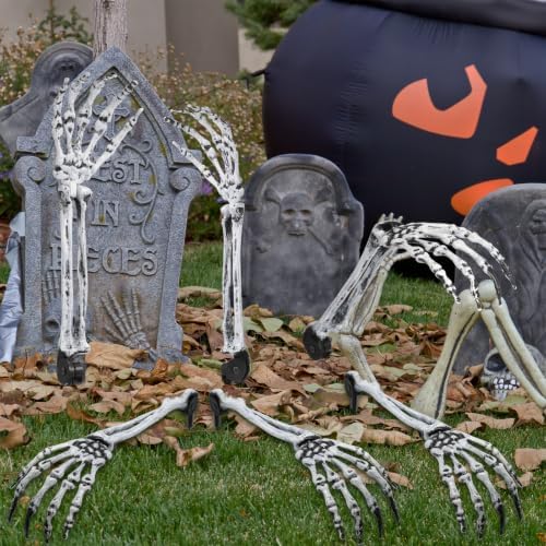 Wonderjune 6 Pcs Skeleton Hands Stakes Halloween Yard Decor, Black White