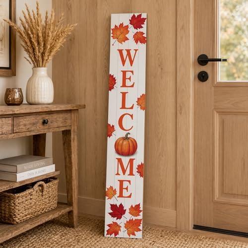 Fall Welcome Porch Sig 47" Tall Vertical Wooden Sign with Pumpkin Maple Leaves Farmhouse Rustic Autumn Thanksgiving Harvest Decoration Standing Hanging for Front Porch Indoor Outdoor