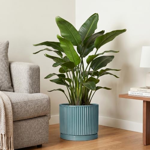 Ceramic Planter 10 Inch, Round Plant Pots with Saucer, Glaze Blue