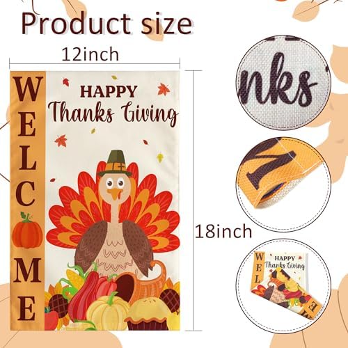 OHOME Thanksgiving Decorations - Welcome Garden Flag | Thanksgiving Decor Outdoor Outside - Friendsgiving Party Decorations Essentials Double-Side Backdrop Banner for Garden Porch Patio Lawn,12x18 Inch