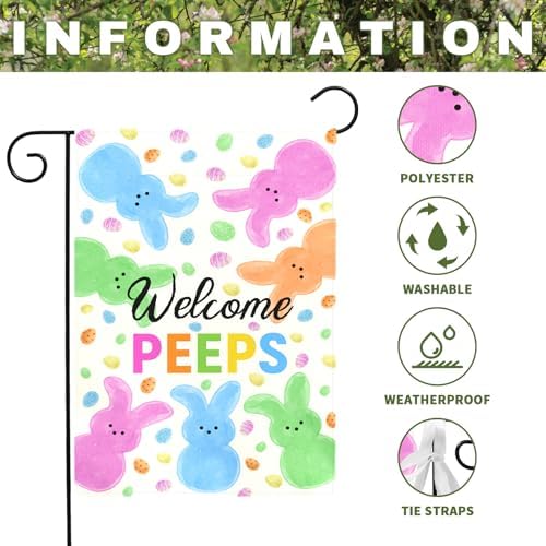 Welcome Peeps Easter Garden Flag for Outdoor Spring Cute Bunny Egg Pattern Double Sided Yard Banner Holiday Welcome Rabbit Flags Waterproof Seasonal Home Hare Decor for Porch Lawn 12x18 Inch