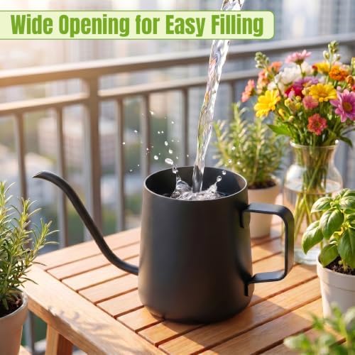 Doseno Black Watering Can, 12oz Stainless Steel, Long Spout and Handle