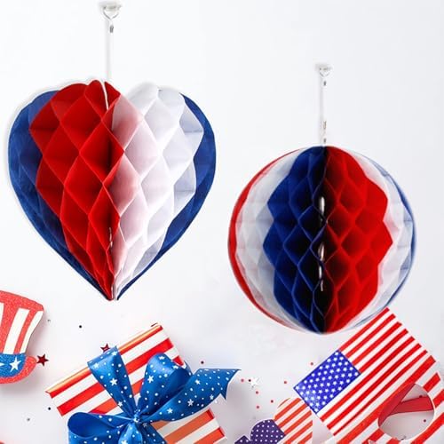 4th of July Decor - Independence Day Honeycomb Pendant Decor Red Blue and White Paper Fans Poms for Fourth of July Patriotic Decorations Wedding Graduation Independence Day 6 Count