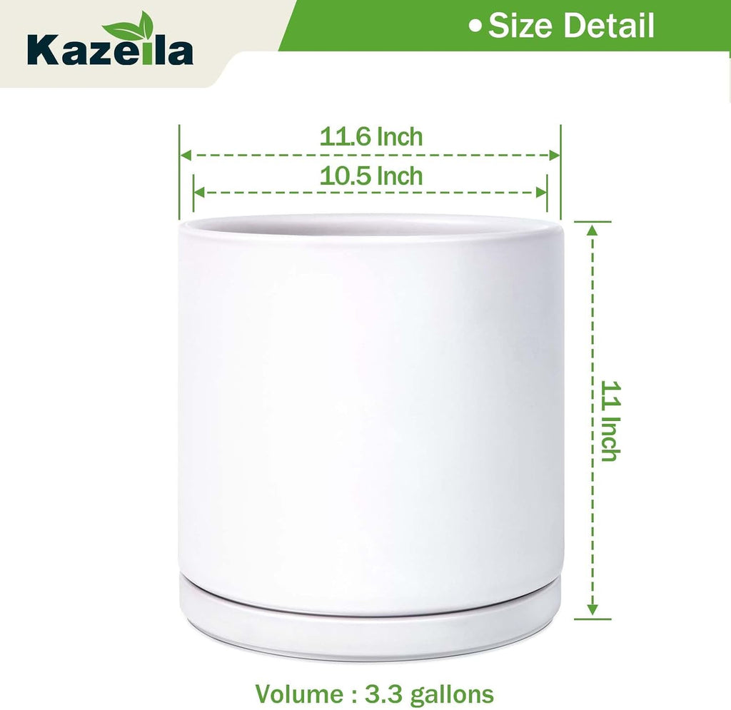 Kazeila 12 Inch Ceramic Planter Pot with Drainage Hole & Tray, Large Indoor Plant Pots, Modern Cylinder Flower Pot