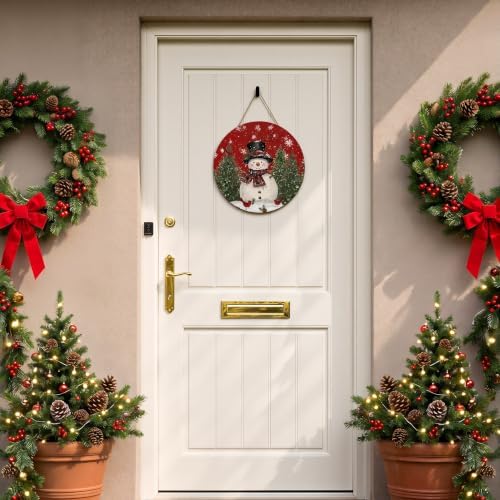 Smile Merry Christmas Round Door Sign Red Wreath Snowman Decor