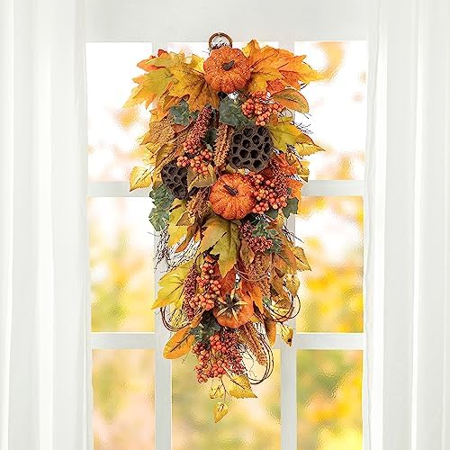 Glitzhome 2Pcs Fall Pumpkin Leaf Swag with Grapevine Base, Faux Berries and Lotus Pod Ornament, 25" H Autumn Maple Leaves Swag for Fall Wall Decor