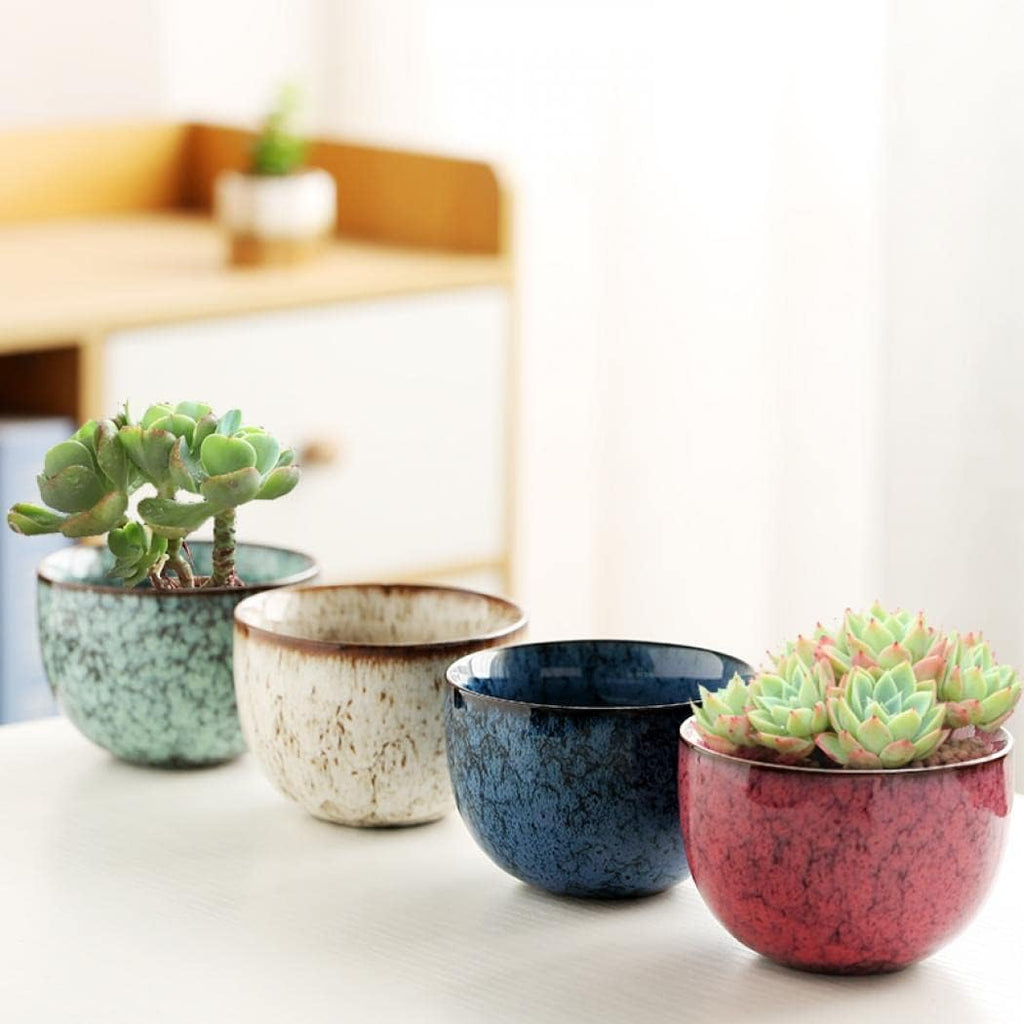 YYW 3 Inch Ceramic Plant Pot Set of 4 with Drainage and Bamboo Tray(Set 2) | Durable Ceramic Flower Pots Perfect for