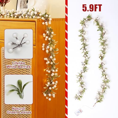 Breeze Touch Christmas Garland with Lights Battery Operated, 5.9ft 20 LED White Berry Lighted Garland, Christmas Decorations Prelit Garland Indoor Outdoor Fireplace Stairs Railing Mantle Decor