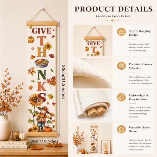 Fall Door Banner, Give Thanks Scarecrow Canvas Banner for Harvest Party