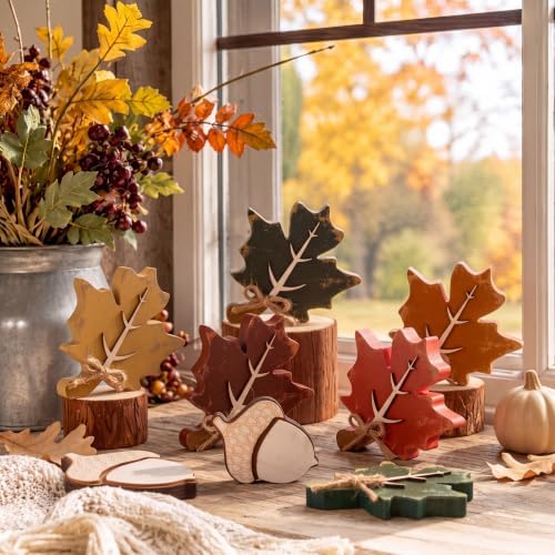 Novabright 8 Pcs Wood Fall Leaves Acorn Decorations Rustic Wood Fall Decor