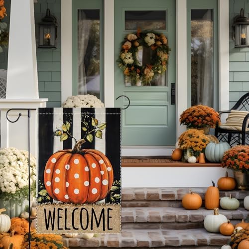 Welcome Fall Garden Flag Polka Dots Pumpkin Thanksgiving Garden Flags For Outside Burlap Decor, Double Sided Vertical Autumn Decor Patio Lawn Yard Outdoor Decoration 12x18 Inch