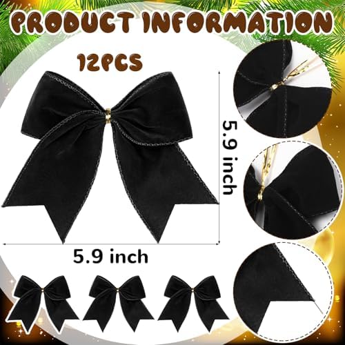 Janinka 12 Pcs 6 Inch Christmas Velvet Bows for Wreath Decoration, Black