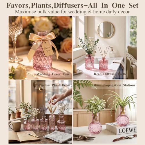 Clear Pink Glass Bud Vase Set of 14 Pcs,Small Bud Vases in Bulk,Glass Crystal Flower Vases Table Centerpieces for Party Event Wedding Decor Baby Shower Decorations (Pink, 14 Pcs)