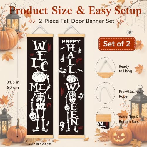 Skeleton Halloween Door Banner Set of 2, Welcome Porch Decor for Home