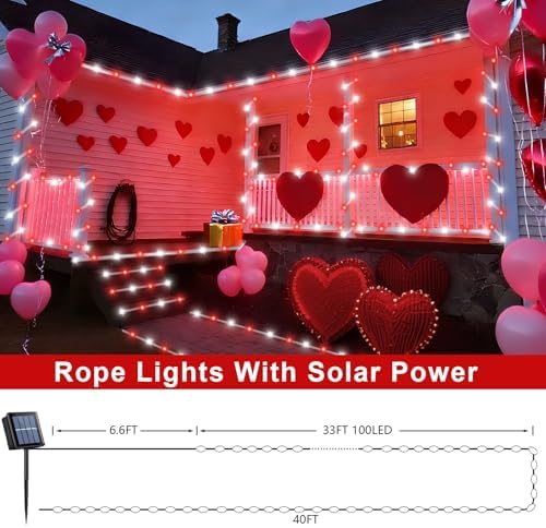 QITONG Red and White Solar Rope Lights, 2 Pack Each 33ft 100 LED Christmas String Light, 8 Modes Fairy Lights in Clear Thin Tube