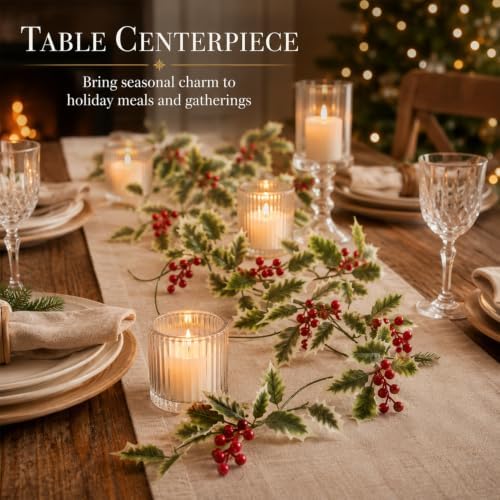 RAINFLOW Christmas Garland with Holly Berry Vine - Artificial Xmas Greenery