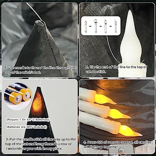 Floating Witch Hats with Lights, 12 Pcs Lighted Black Halloween Decor Set