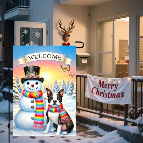 BlissYard Winter Yard Flag Snowman Puppy 12x18 Inch Polyester