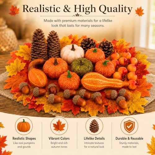96-Piece Fall Decor Set with Artificial Pumpkins, Gourds and Maple Leaves