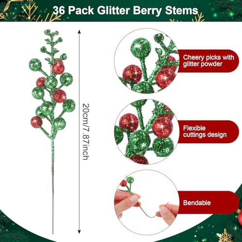 Geosar 36 Pcs Christmas Glittered Berries Stems, Red, Green