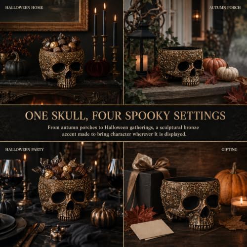 Halloween Skull Trick Or Treat Bowl Black Skeleton Planter Gothic Candy Pot