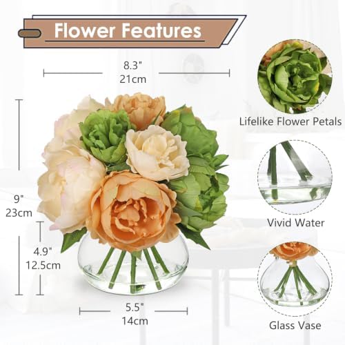 Hollyone Green and Coffee Peonies Artificial Flowers with Vase Faux Peonies Look Real Peony Fake Flowers Silk Flower Arrangements in Glass Vase with Faux Water for Table Centerpiece Shelf Home Decor