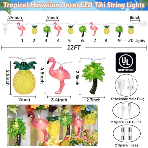 12FT 20LED Summer Hawaiian Themed Party Decorations Lights - LED Tropical Hawaiian String Lights Flamingo Pineapple Palm Tree Lights Waterproof for Summer Tropical Pool Beach Luau Party Decorations