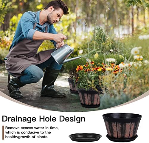 Quarut 8 inch Brown Plastic Whiskey Barrel Plant Pots Set of 4 with Drainage Holes and Saucer for Indoor and Outdoor Garden Home Plants