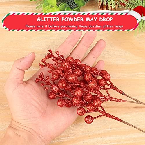 36Pcs Christmas Glitter Berry Stems, Red Artificial Christmas Tree Picks